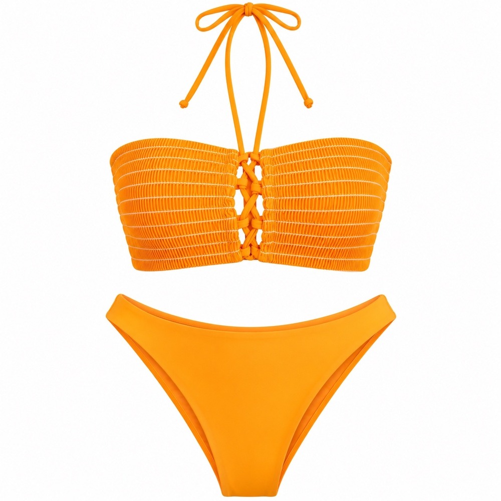 ZAFUL Women's Orange Bandeau Bikini Set Size US 4 Smocked Lace-Up Halter NWT